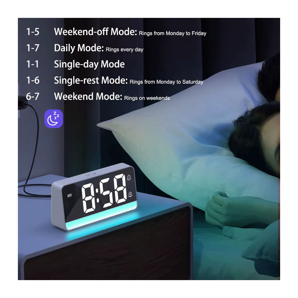 Niditon LED-Digitalwecker mit farbwechselndem Nachtlicht in Schwarz, minimalistisches Design für Schlafzimmer, Büro und Kinderzimmer - Bild 4