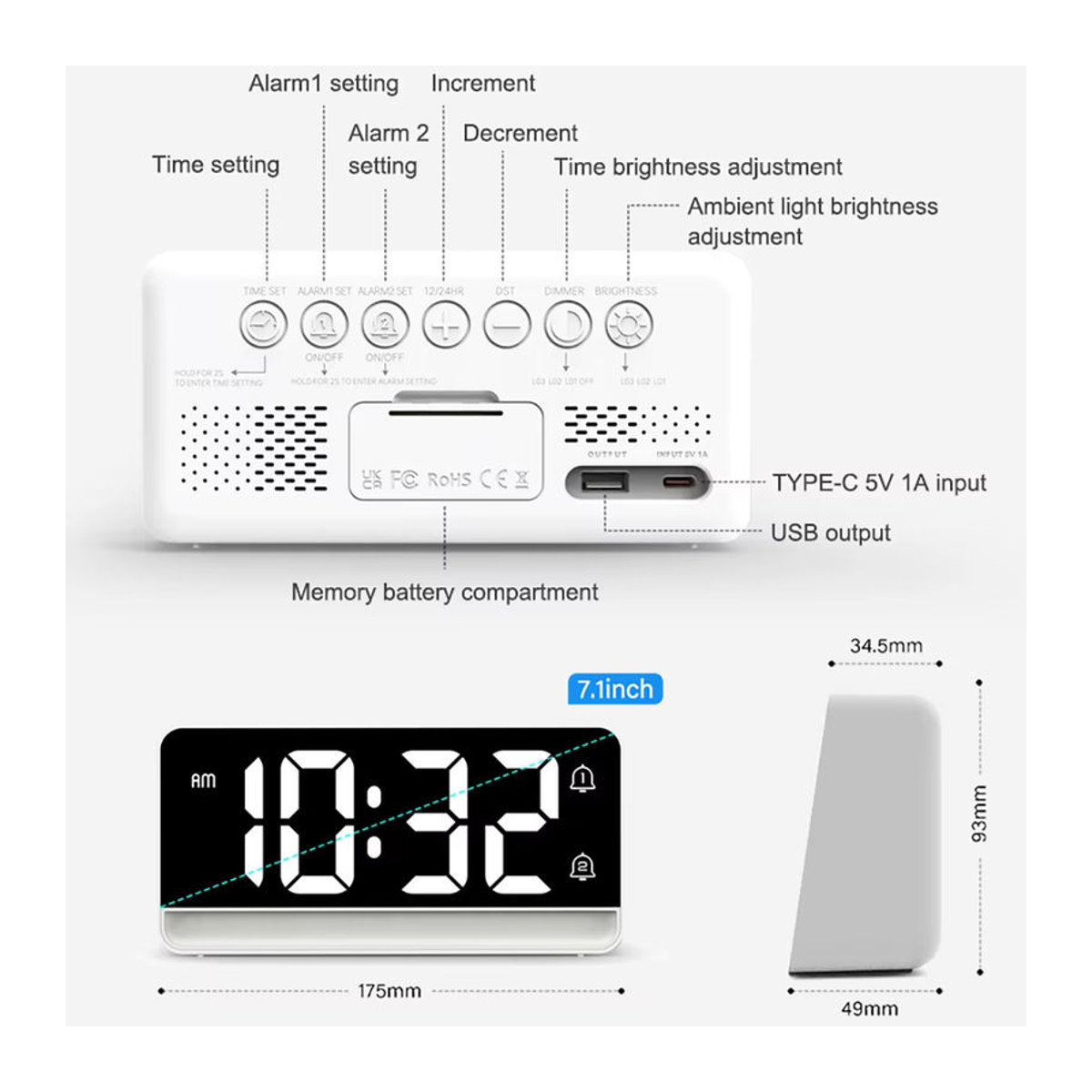 Niditon LED-Digitalwecker mit farbwechselndem Nachtlicht in Schwarz, minimalistisches Design für Schlafzimmer, Büro und Kinderzimmer - Bild 6