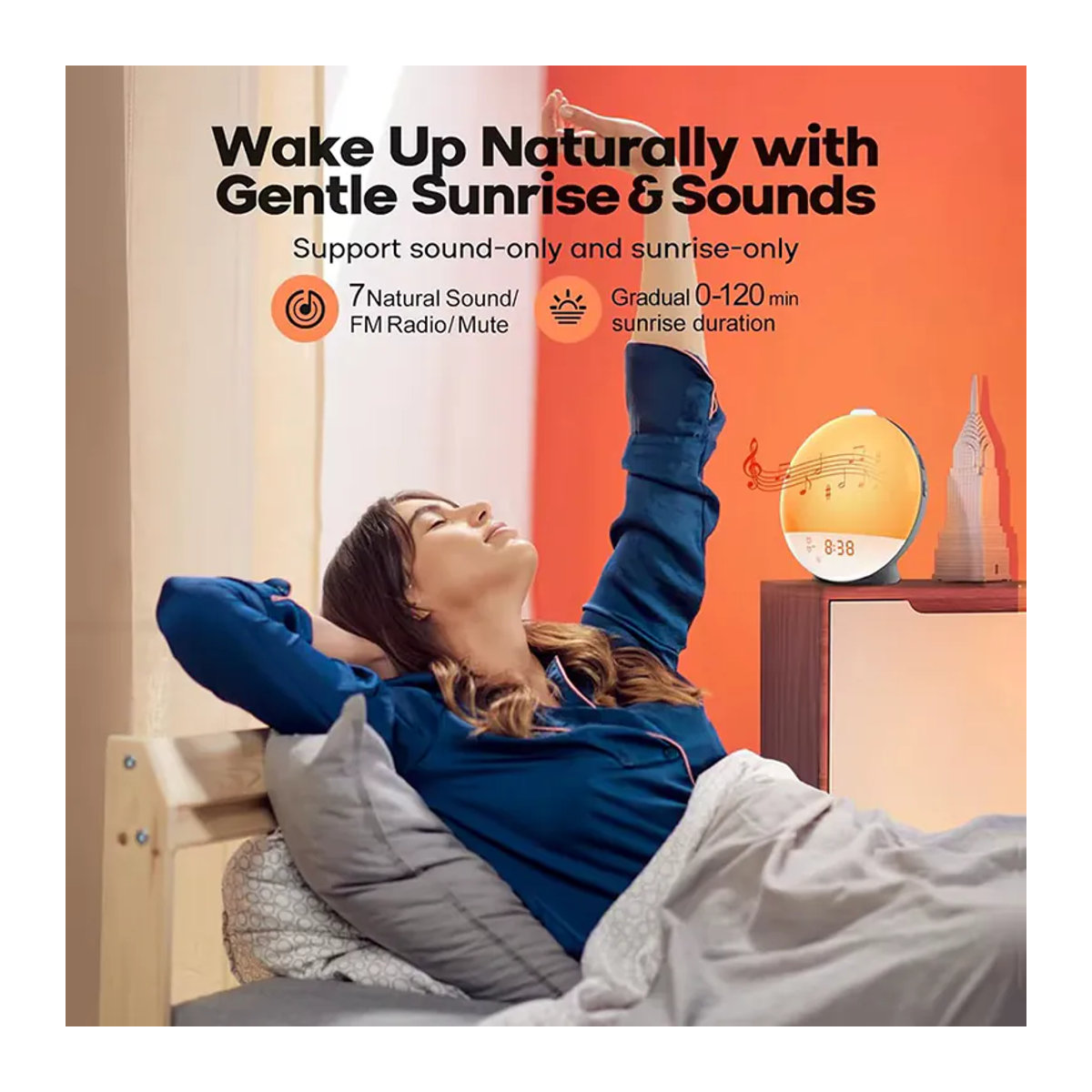 Niditon Wake Up Light Wecker mit Sonnenaufgang und Sonnenuntergang Simulation, Digitaluhr mit Nachtlicht und FM Radio, Weiß - Bild 5