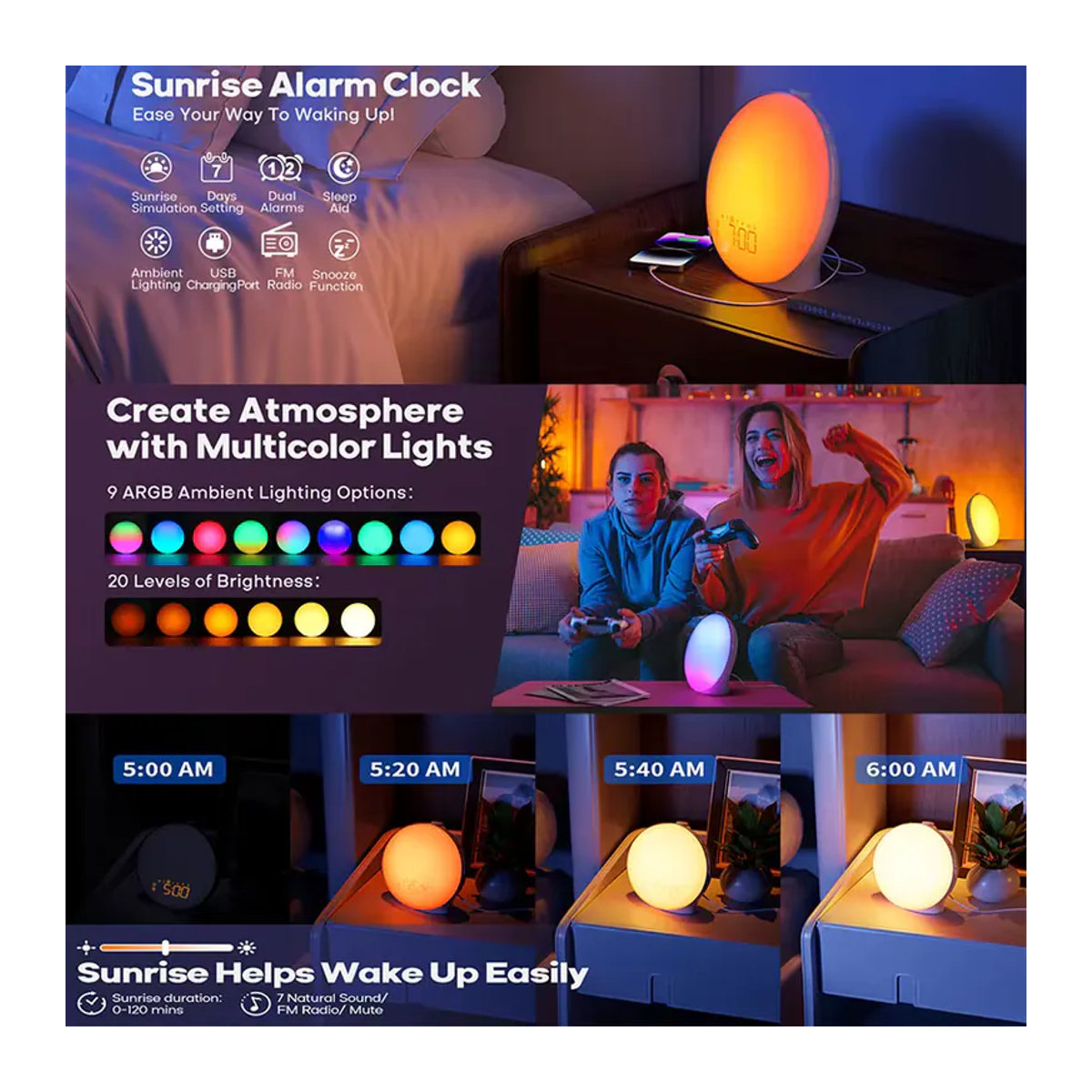 Niditon Wake Up Light Wecker mit Sonnenaufgang und Sonnenuntergang Simulation, Digitaluhr mit Nachtlicht und FM Radio, Weiß - Bild 6