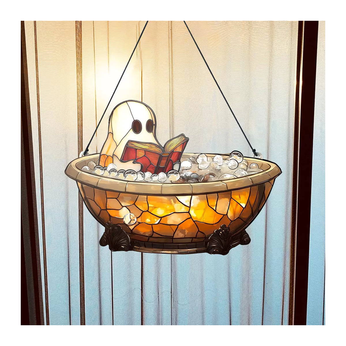 Niedlicher Halloween-Geist aus Acryl in der Badewanne als hängendes Ornament mit Buch, orangefarbene Fensterdekoration für dein Zuhause - Bild 2