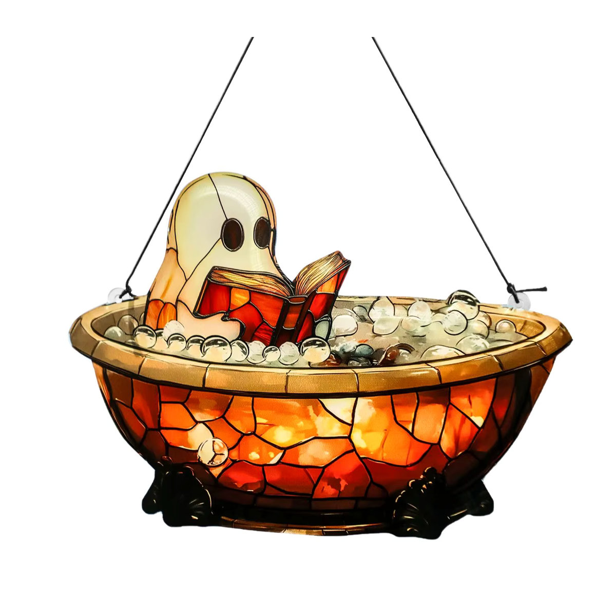 Niedlicher Halloween-Geist aus Acryl in der Badewanne als hängendes Ornament mit Buch, orangefarbene Fensterdekoration für dein Zuhause - Bild 7