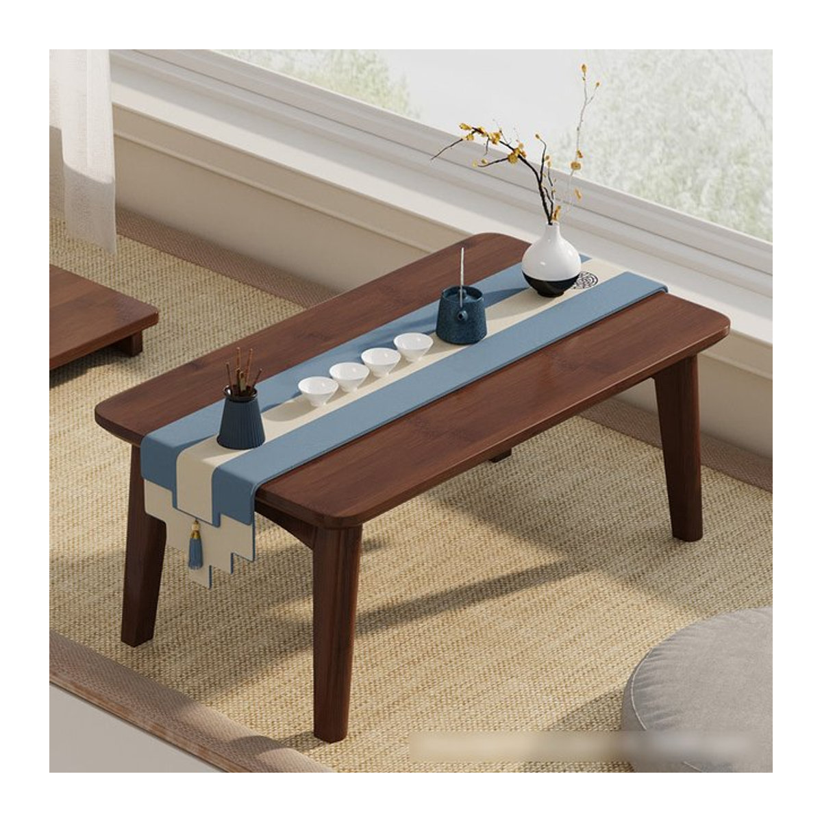 Niedriger Klapptisch im chinesischen Stil aus Holz in Nussbaum Braun, Rechteckiger Nanzhu Teezeremonietisch für Tatami, Erkerfenster oder Balkon, B: 60 cm, T: 40 cm, H: 60 cm - Bild 1