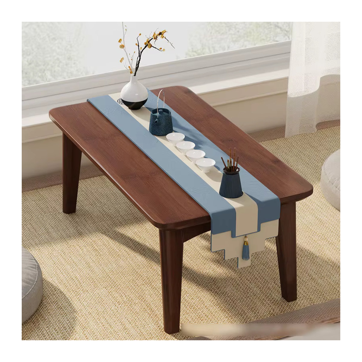 Niedriger Klapptisch im chinesischen Stil aus Holz in Nussbaum Braun, Rechteckiger Nanzhu Teezeremonietisch für Tatami, Erkerfenster oder Balkon, B: 60 cm, T: 40 cm, H: 60 cm - Bild 2