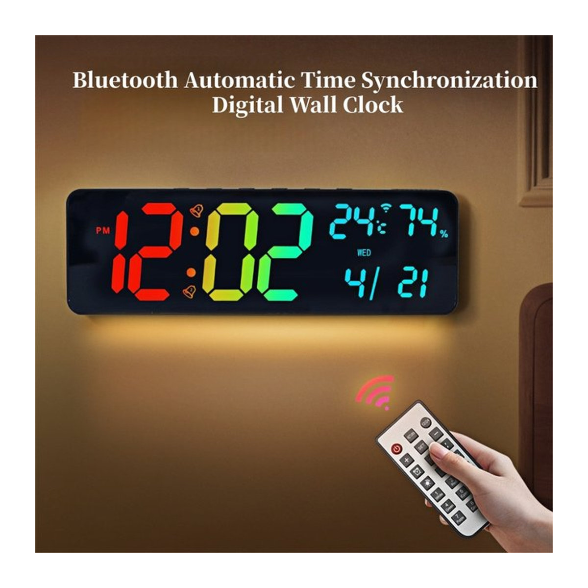 NieNie 14-Zoll RGB-Digitalwanduhr mit Thermometer, Hygrometer und Datumsanzeige in Schwarz - Bild 1