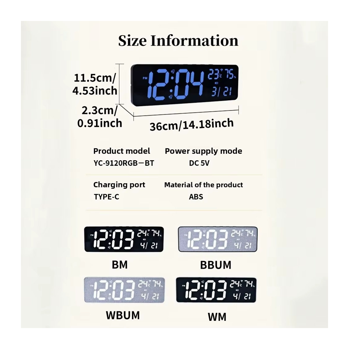 NieNie 14-Zoll RGB-Digitalwanduhr mit Thermometer, Hygrometer und Datumsanzeige in Schwarz - Bild 2