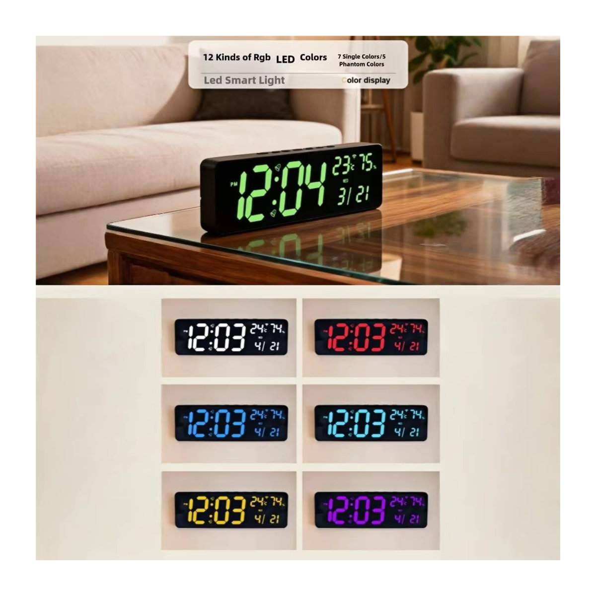 NieNie 14-Zoll RGB-Digitalwanduhr mit Thermometer, Hygrometer und Datumsanzeige in Schwarz - Bild 3
