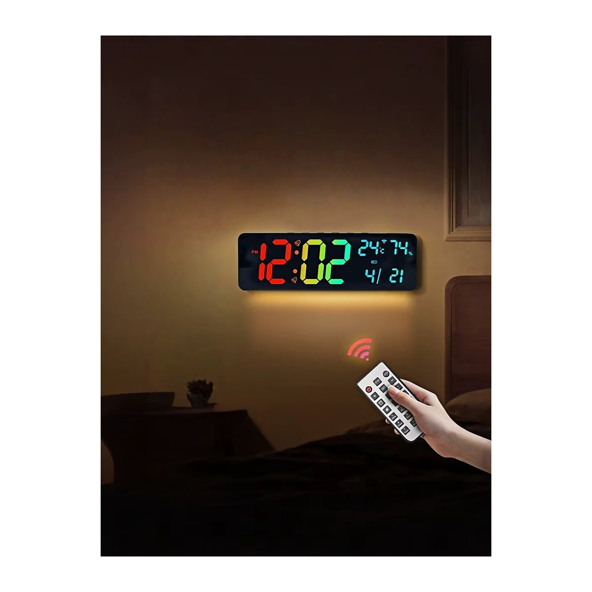 NieNie 14-Zoll RGB-Digitalwanduhr mit Thermometer, Hygrometer und Datumsanzeige in Schwarz - Bild 5