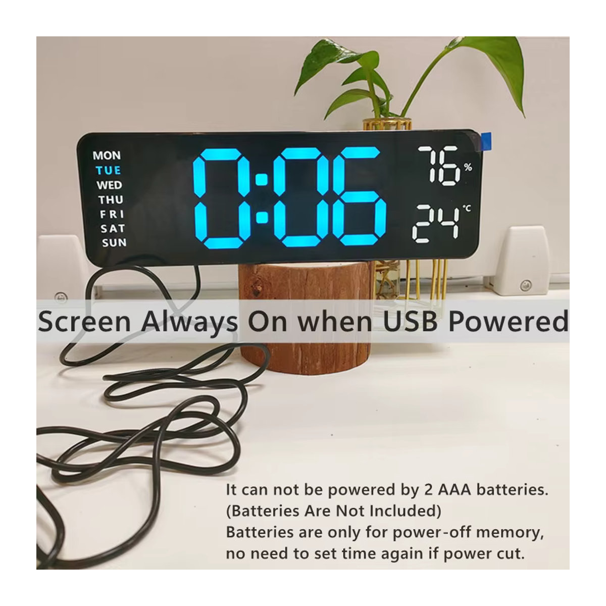NieNie Digitale LED Wanduhr mit Thermometer und Hygrometer, 22,86 cm, Schwarz, USB-betrieben - Bild 2