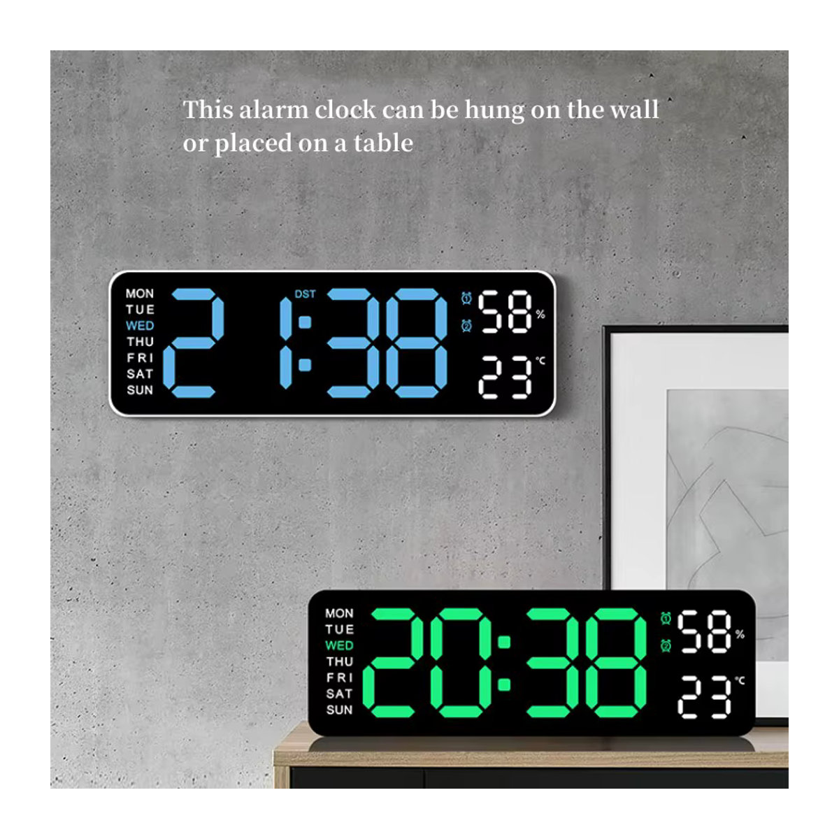 NieNie Digitale LED Wanduhr mit Thermometer und Hygrometer, 22,86 cm, Schwarz, USB-betrieben - Bild 3
