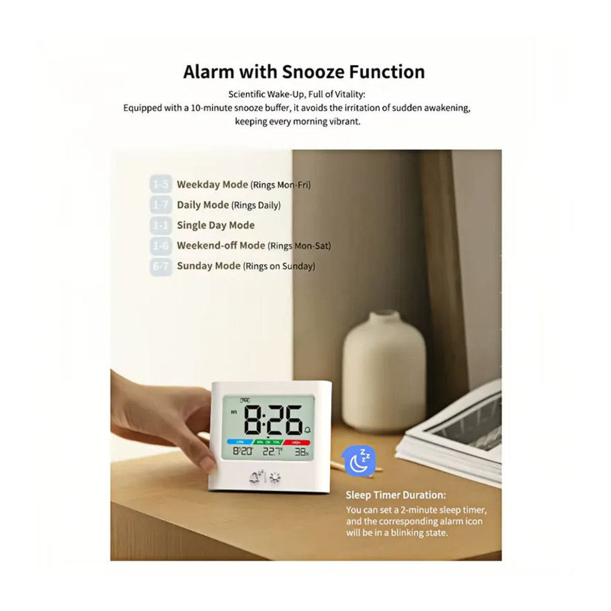 NieNie Digitaler Wecker mit Hintergrundbeleuchtung, Thermometer und Hygrometer, Batteriebetrieben, Schwarz oder Weiß - Bild 3