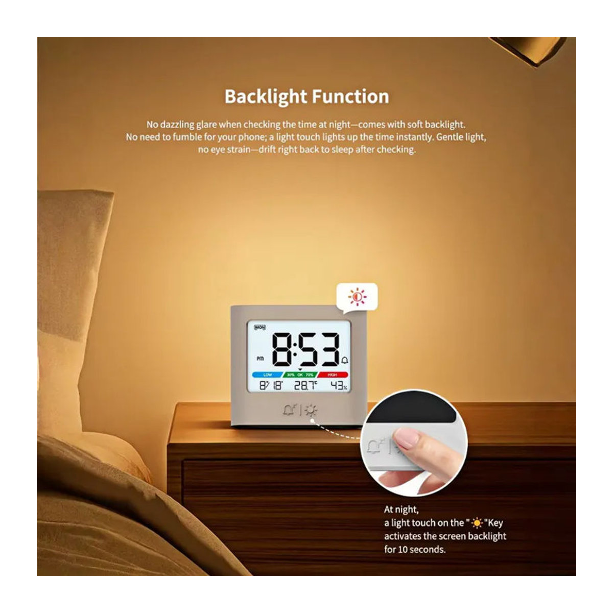 NieNie Digitaler Wecker mit Hintergrundbeleuchtung, Thermometer und Hygrometer, Batteriebetrieben, Schwarz oder Weiß - Bild 4