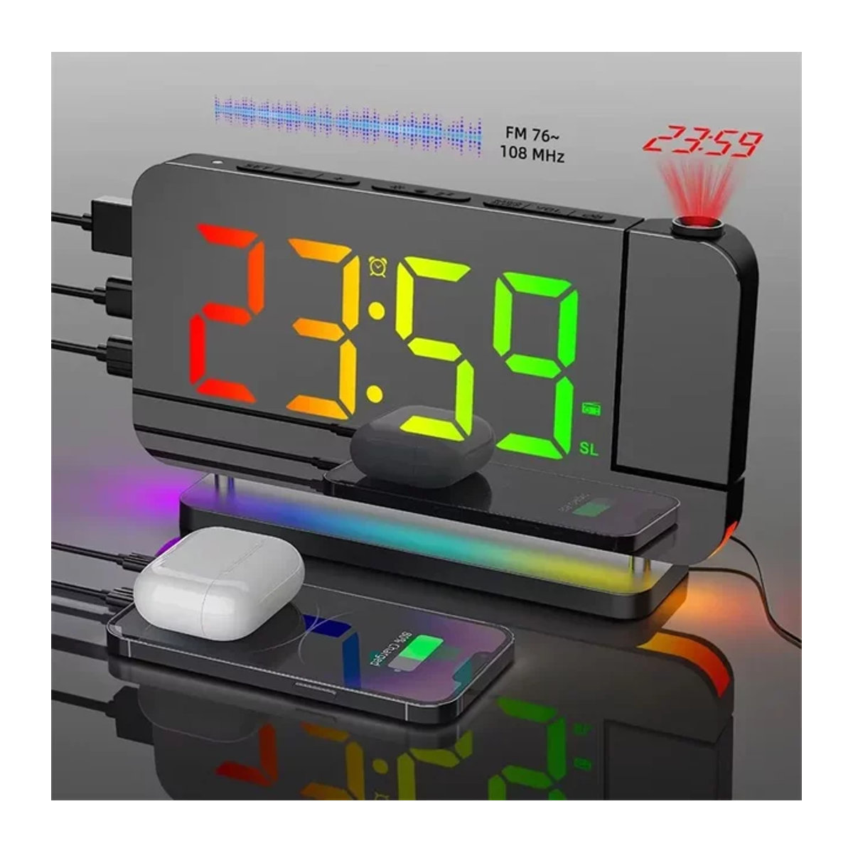 NieNie Projektionswecker mit UKW-Radio und RGB-Nachtlicht, digitale LED-Uhr mit 6 Helligkeitsstufen und Dual-USB-Ausgang, Weiß oder Schwarz - Bild 1