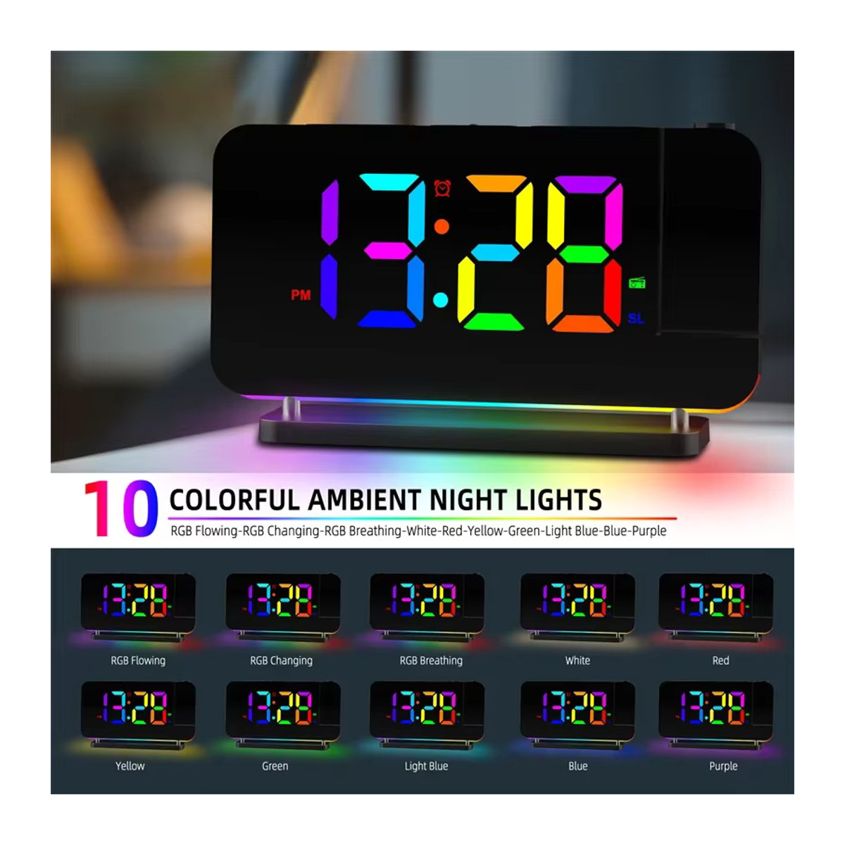 NieNie Projektionswecker mit UKW-Radio und RGB-Nachtlicht, digitale LED-Uhr mit 6 Helligkeitsstufen und Dual-USB-Ausgang, Weiß oder Schwarz - Bild 2