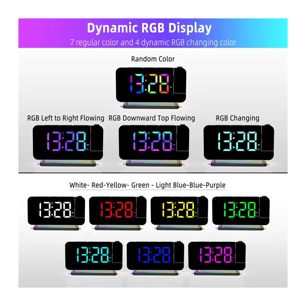 NieNie Projektionswecker mit UKW-Radio und RGB-Nachtlicht, digitale LED-Uhr mit 6 Helligkeitsstufen und Dual-USB-Ausgang, Weiß oder Schwarz - Bild 3
