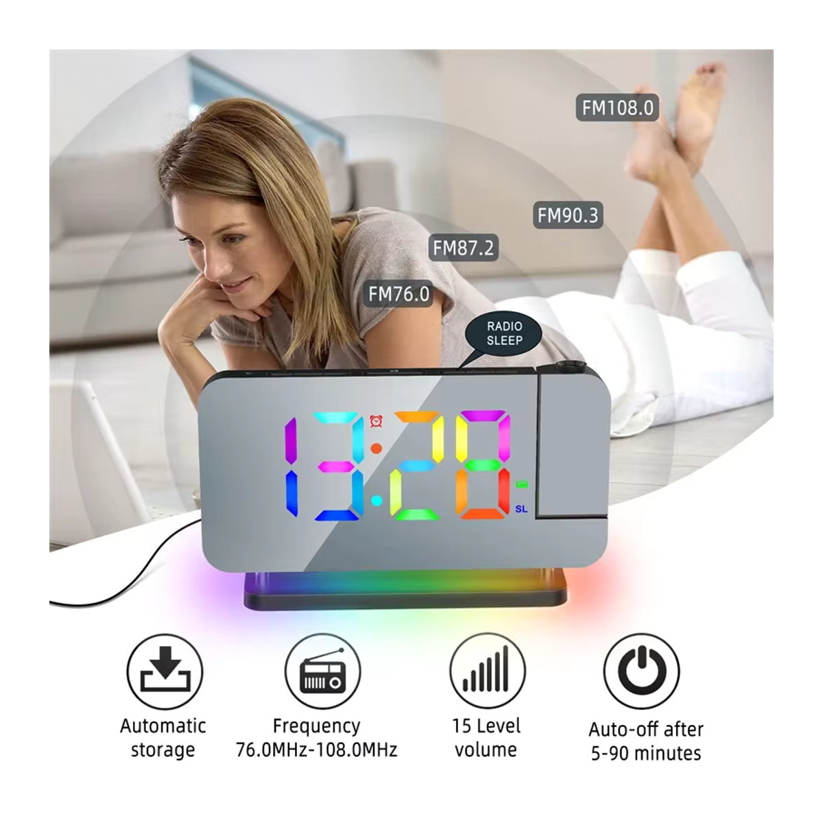NieNie Projektionswecker mit UKW-Radio und RGB-Nachtlicht, digitale LED-Uhr mit 6 Helligkeitsstufen und Dual-USB-Ausgang, Weiß oder Schwarz - Bild 4
