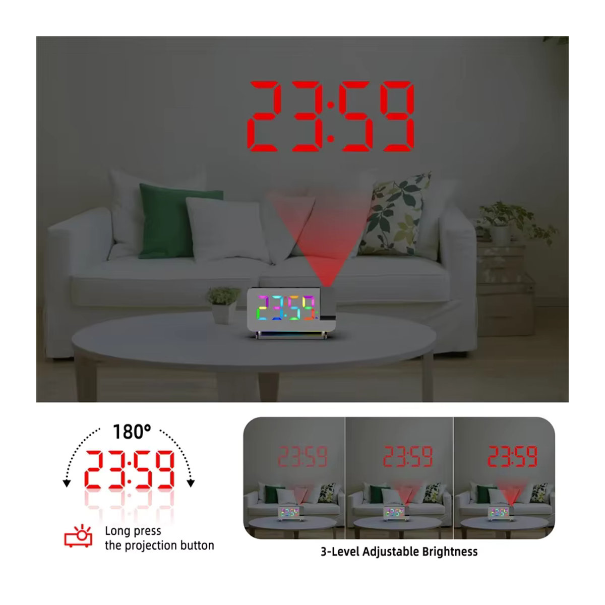NieNie Projektionswecker mit UKW-Radio und RGB-Nachtlicht, digitale LED-Uhr mit 6 Helligkeitsstufen und Dual-USB-Ausgang, Weiß oder Schwarz - Bild 5