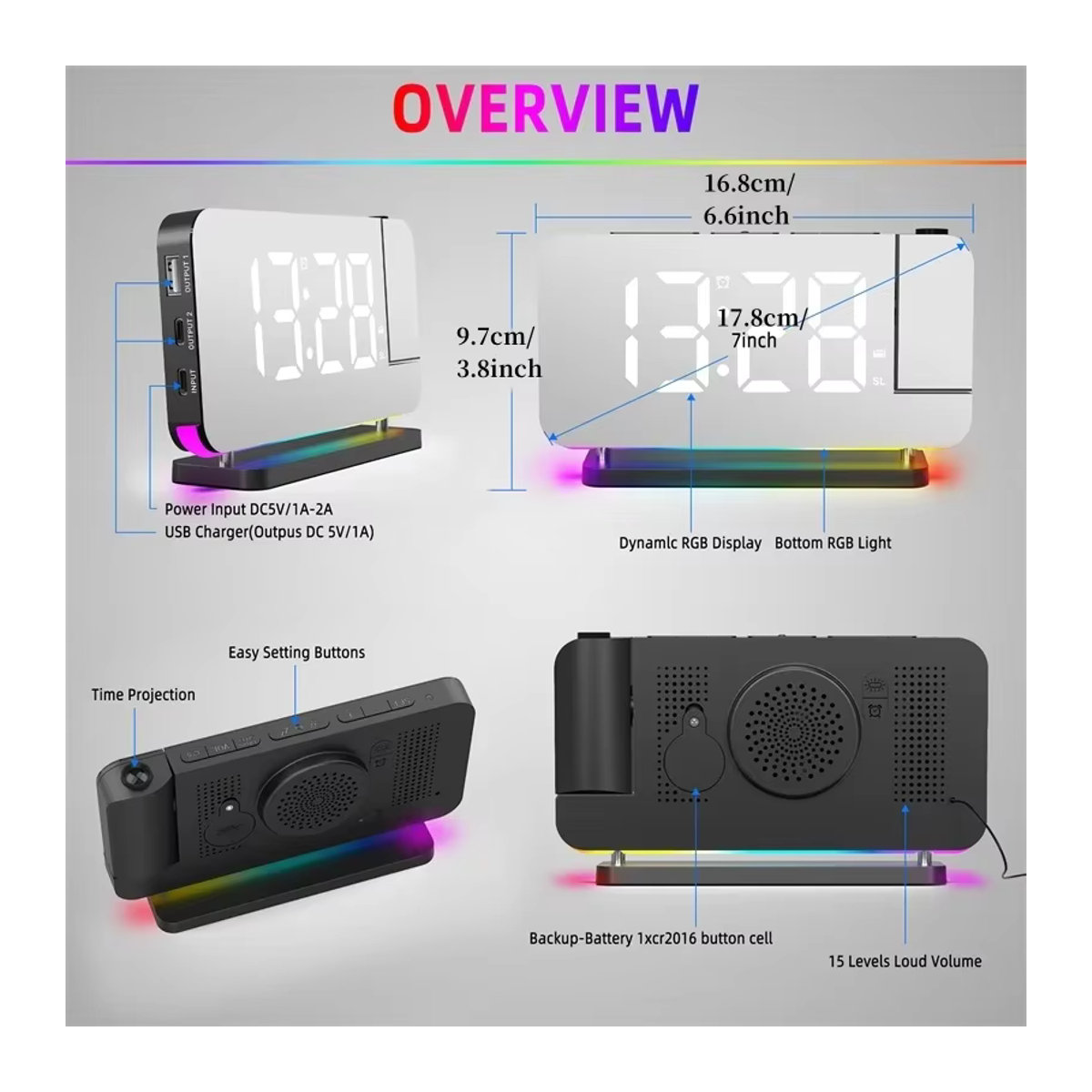 NieNie Projektionswecker mit UKW-Radio und RGB-Nachtlicht, digitale LED-Uhr mit 6 Helligkeitsstufen und Dual-USB-Ausgang, Weiß oder Schwarz - Bild 6