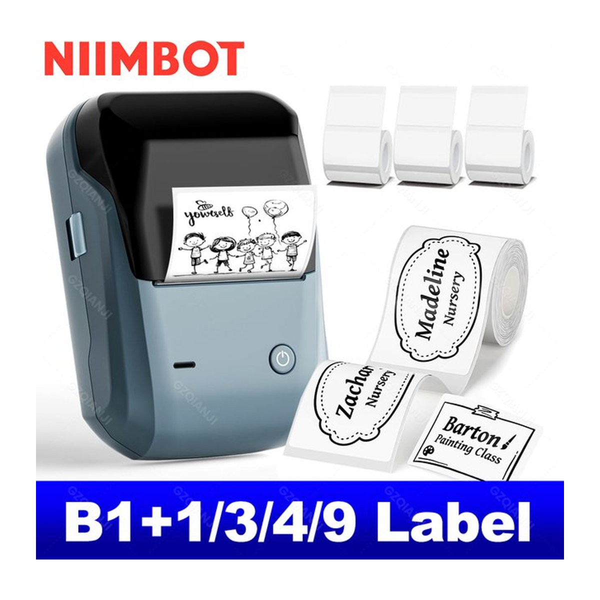 NIIMBOT B1 Tragbarer Thermodrucker in Grau mit selbstklebenden Etiketten, Mini-Bluetooth-Etikettenmaschine für wasserfeste Aufkleber - Bild 1