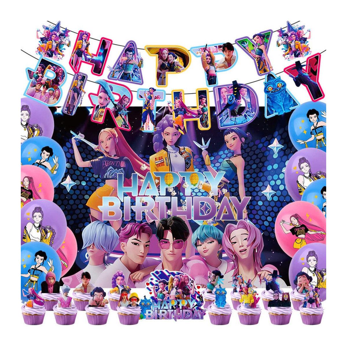NimbusNectar Kpop Dämonenjäger Geburtstagsdekorationsset mit Banner, Ballons und Hintergrund in Mehrfarbig - Bild 2