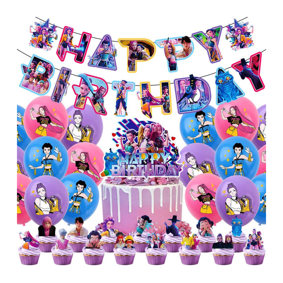NimbusNectar Kpop Dämonenjäger Geburtstagsdekorationsset mit Banner, Ballons und Hintergrund in Mehrfarbig - Bild 4