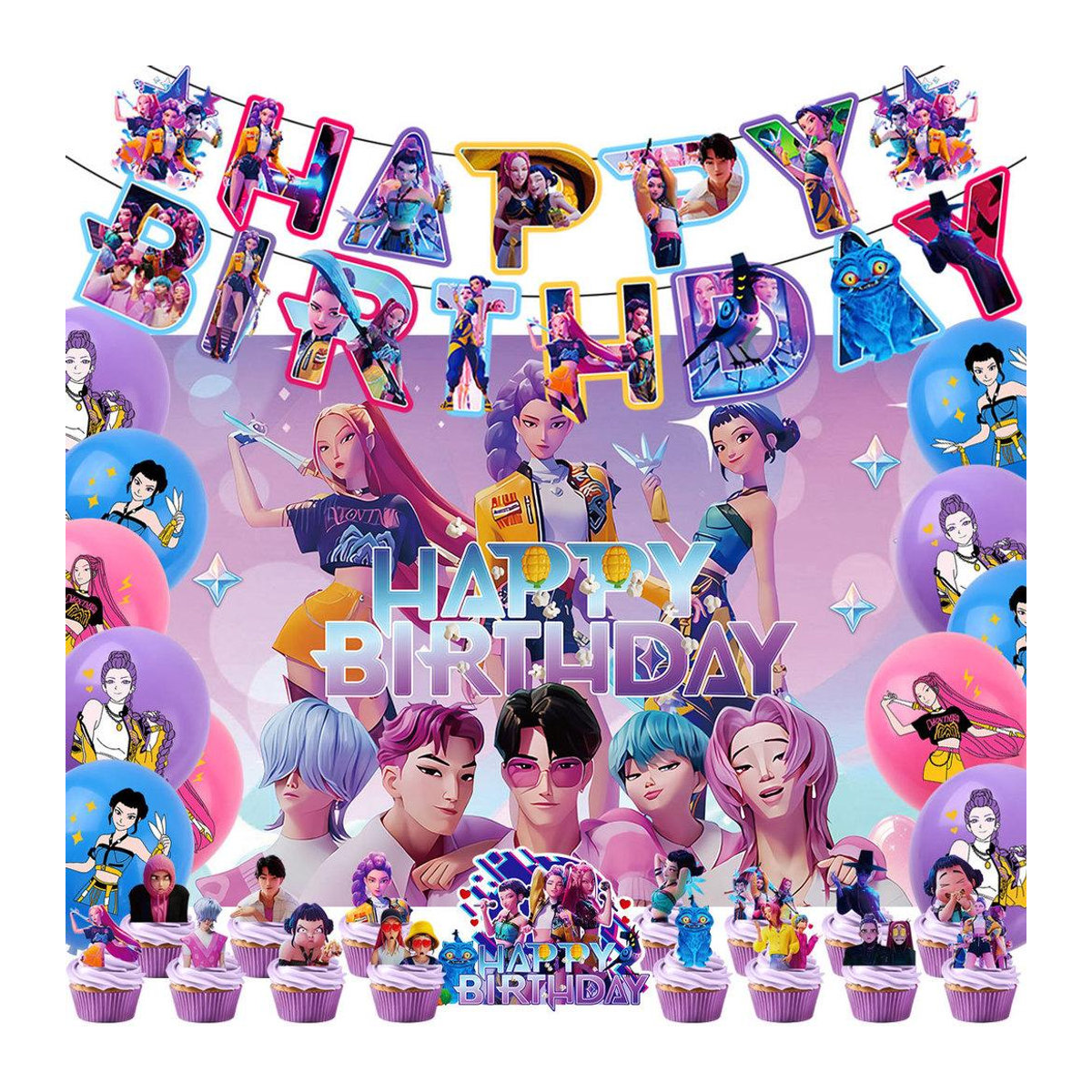 NimbusNectar Kpop Dämonenjäger Geburtstagsdekorationsset mit Banner, Ballons und Hintergrund in Mehrfarbig - Bild 7