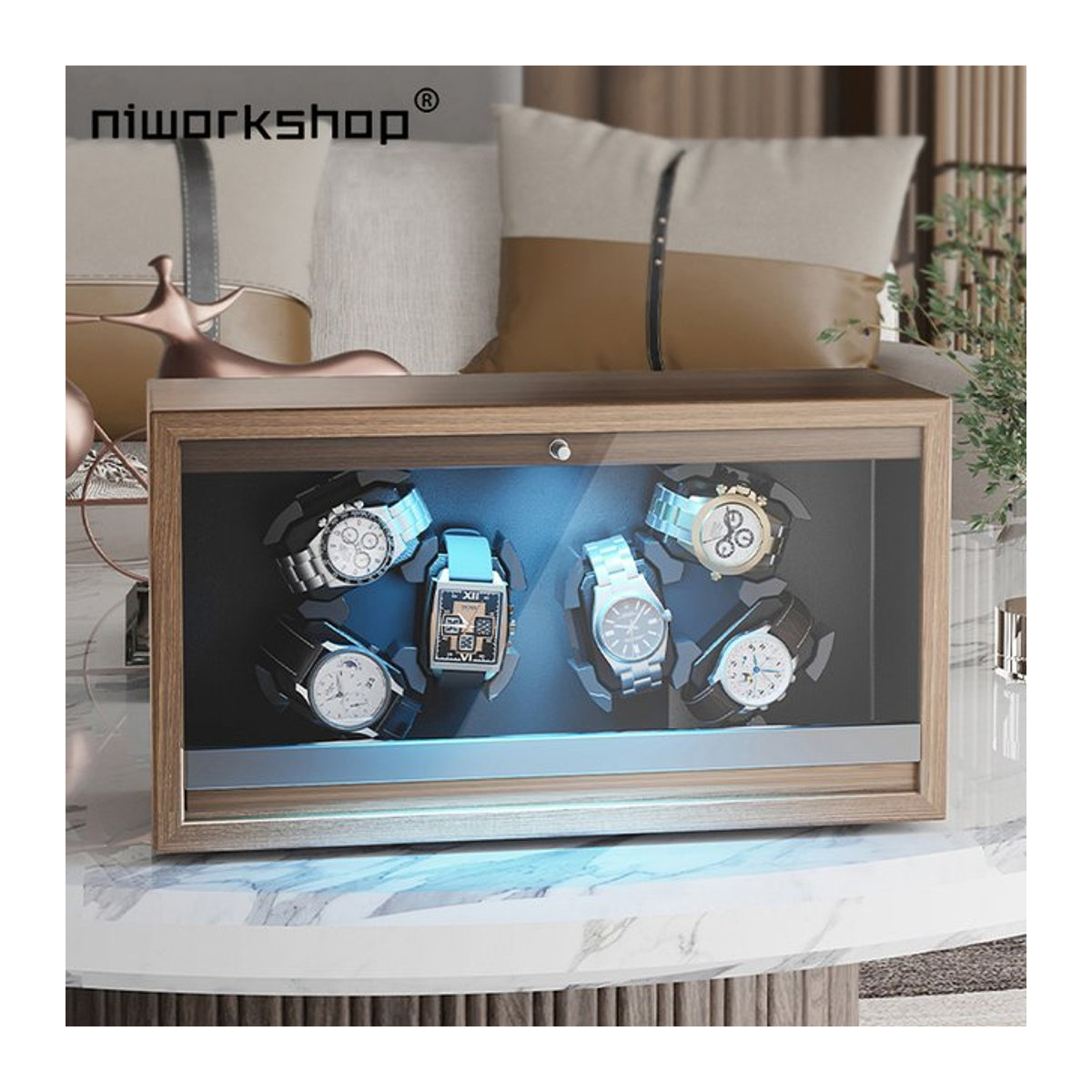 Niworkshop Automatik-Uhrenbeweger aus Holz mit 3 oder 6 Steckplätzen, braun, mit leisem Motor und LED-Licht für Damen und Herren - Bild 1