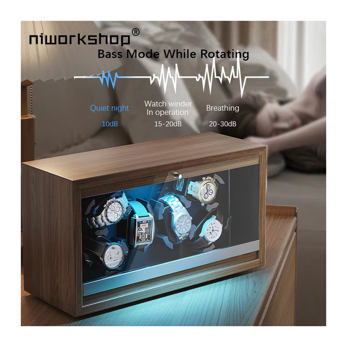 Niworkshop Automatik-Uhrenbeweger aus Holz mit 3 oder 6 Steckplätzen, braun, mit leisem Motor und LED-Licht für Damen und Herren - Bild 2