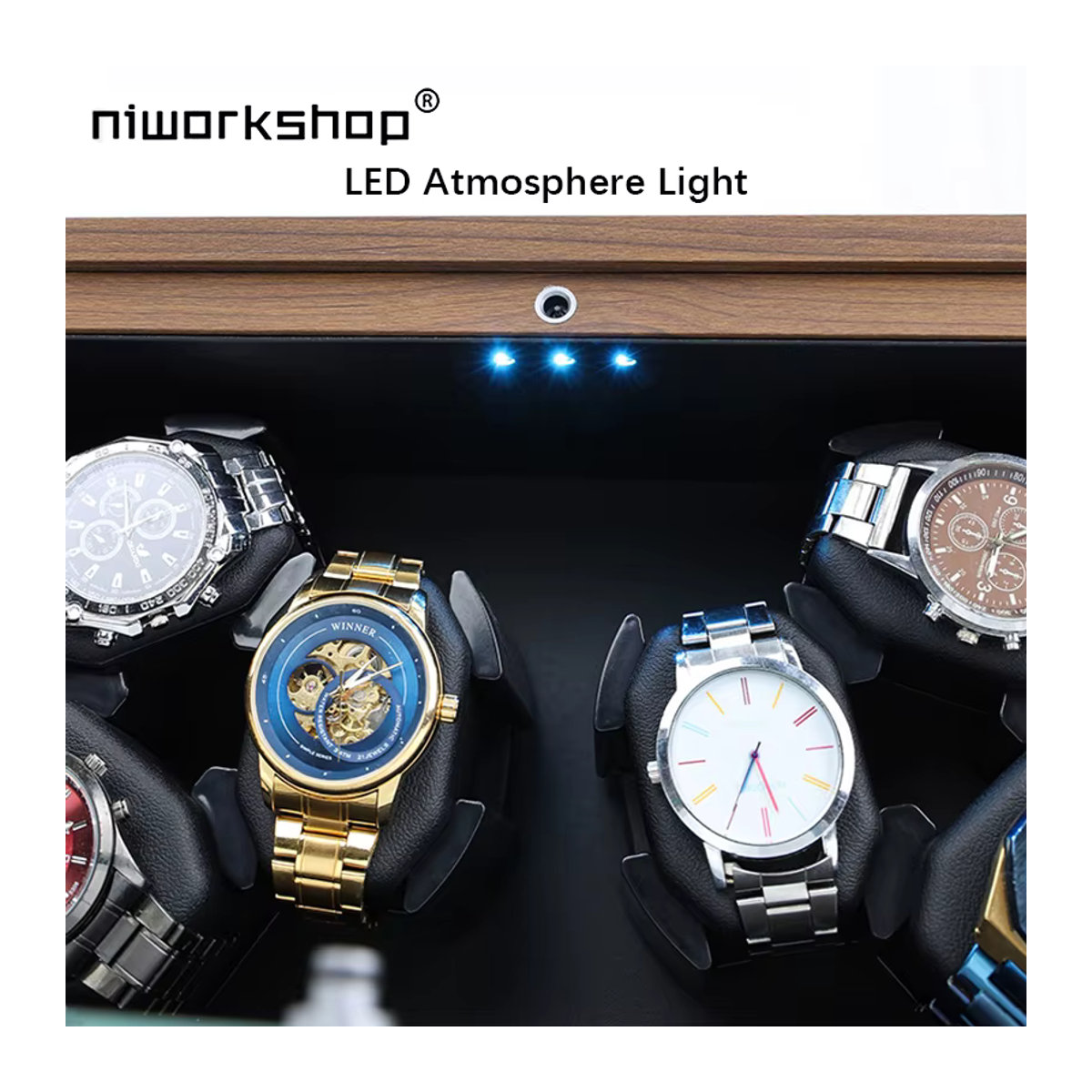 Niworkshop Automatik-Uhrenbeweger aus Holz mit 3 oder 6 Steckplätzen, braun, mit leisem Motor und LED-Licht für Damen und Herren - Bild 3