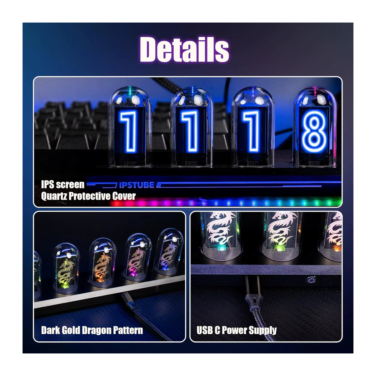 Nixie Tube Clock Kit DIY Nachtlicht mit APP-Zeitkalibrierung, Digitaluhr mit 3 Lichtmodi und 12/24 Stunden IPS-Display in Schwarz aus Metall und Glas - Bild 2
