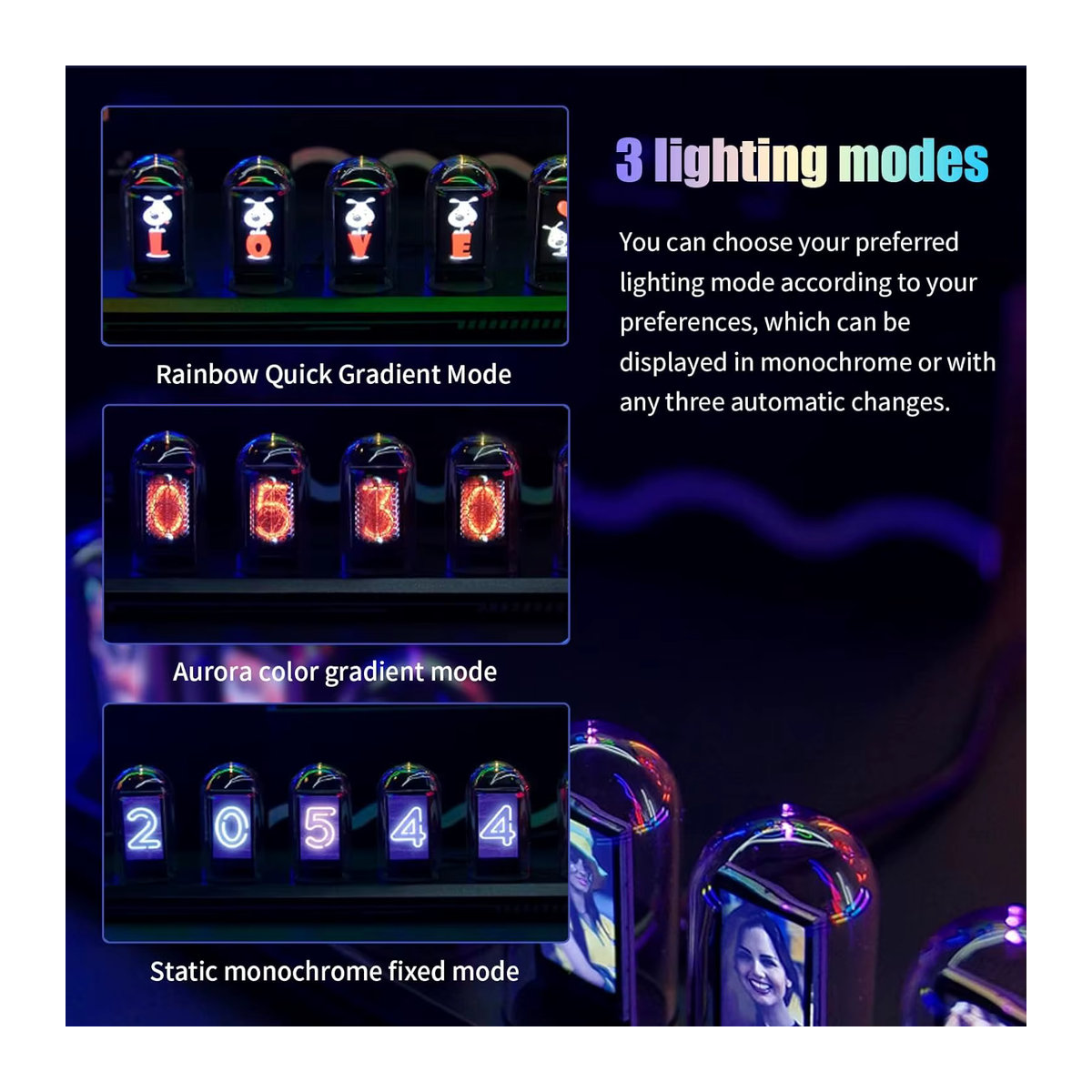 Nixie Tube Clock Kit DIY Nachtlicht mit APP-Zeitkalibrierung, Digitaluhr mit 3 Lichtmodi und 12/24 Stunden IPS-Display in Schwarz aus Metall und Glas - Bild 4