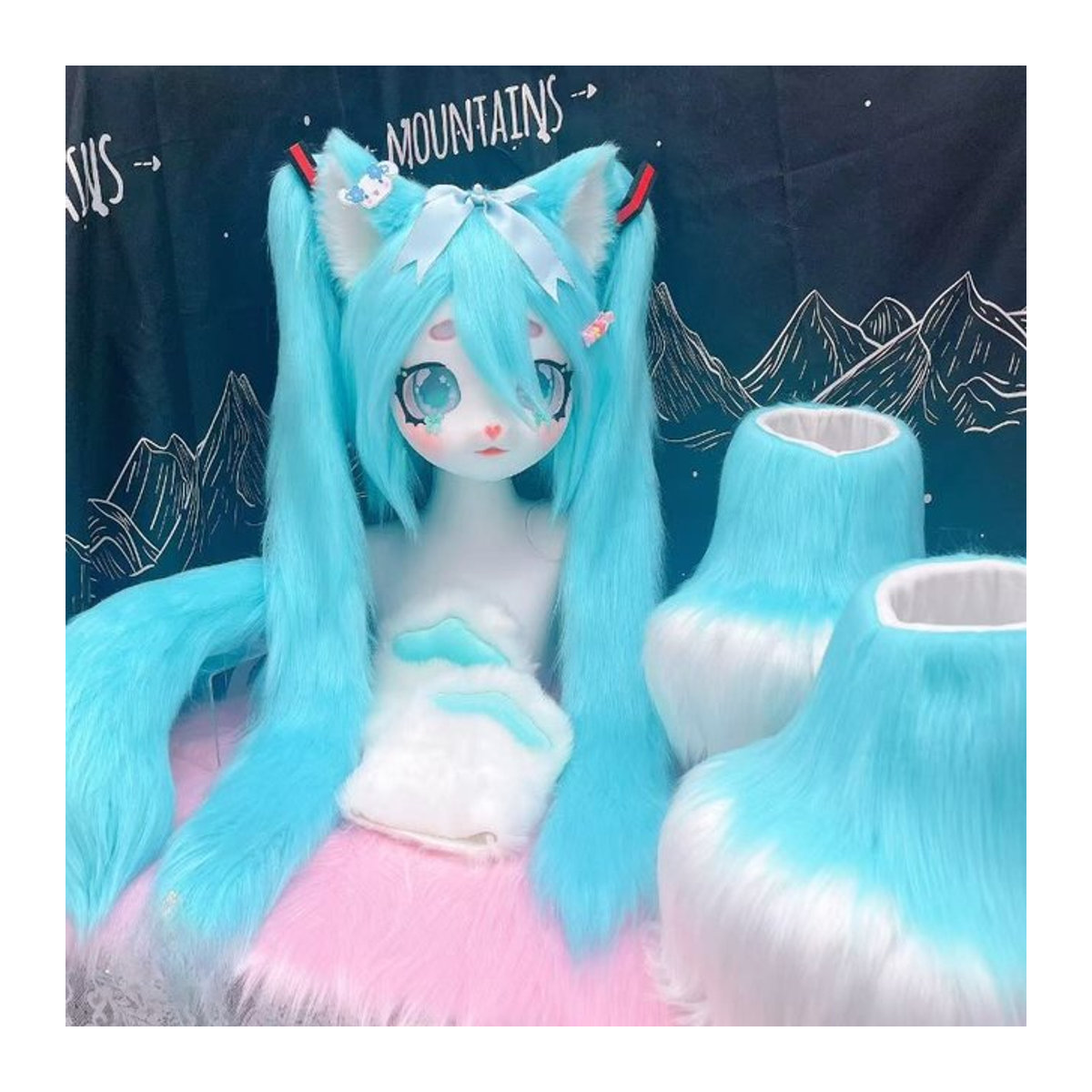 NJTD Fursuit Kigurumi Cosplay Kostüm für Erwachsene mit Maske, Pfoten, Schwanz und Schuhen in Blau - Bild 1
