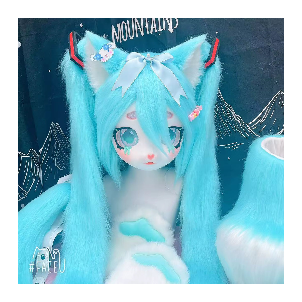 NJTD Fursuit Kigurumi Cosplay Kostüm für Erwachsene mit Maske, Pfoten, Schwanz und Schuhen in Blau - Bild 2