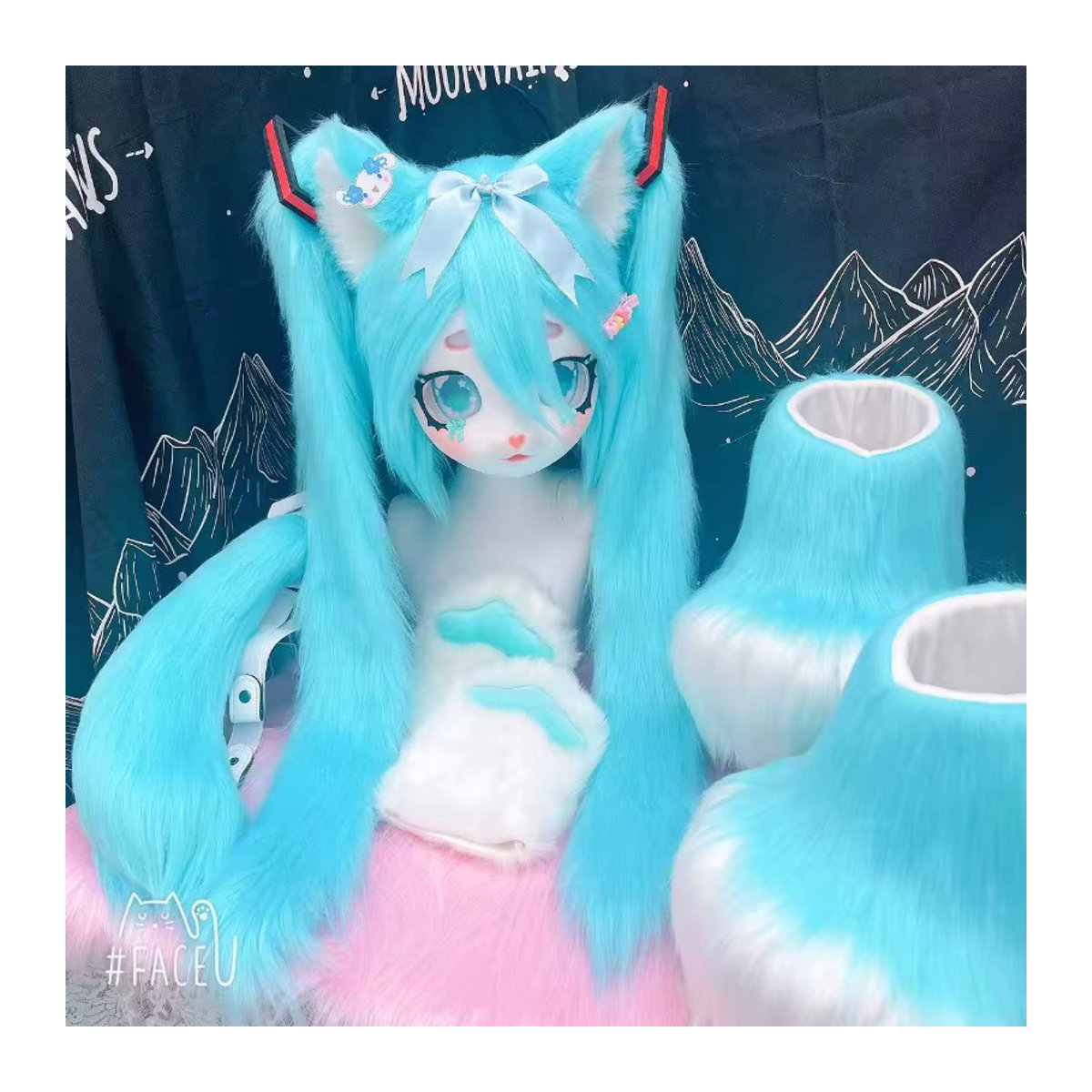 NJTD Fursuit Kigurumi Cosplay Kostüm für Erwachsene mit Maske, Pfoten, Schwanz und Schuhen in Blau - Bild 3