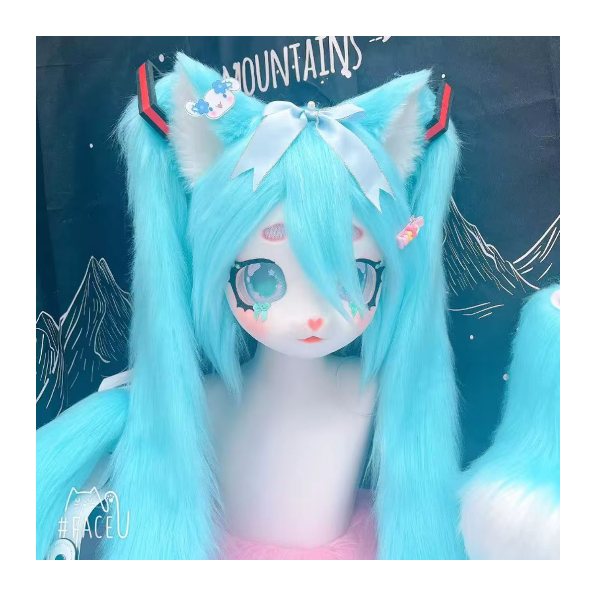 NJTD Fursuit Kigurumi Cosplay Kostüm für Erwachsene mit Maske, Pfoten, Schwanz und Schuhen in Blau - Bild 4