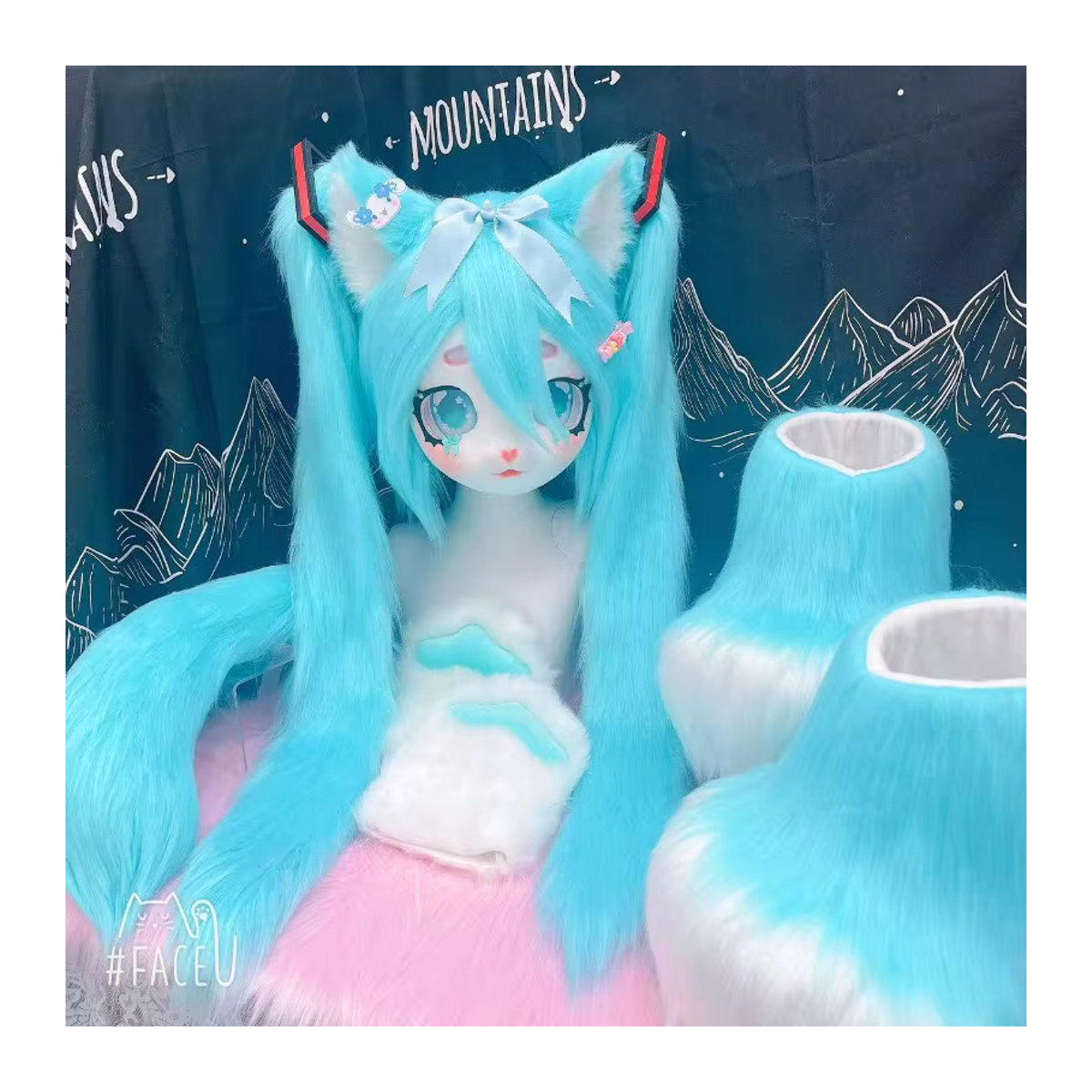 NJTD Fursuit Kigurumi Cosplay Kostüm für Erwachsene mit Maske, Pfoten, Schwanz und Schuhen in Blau - Bild 5