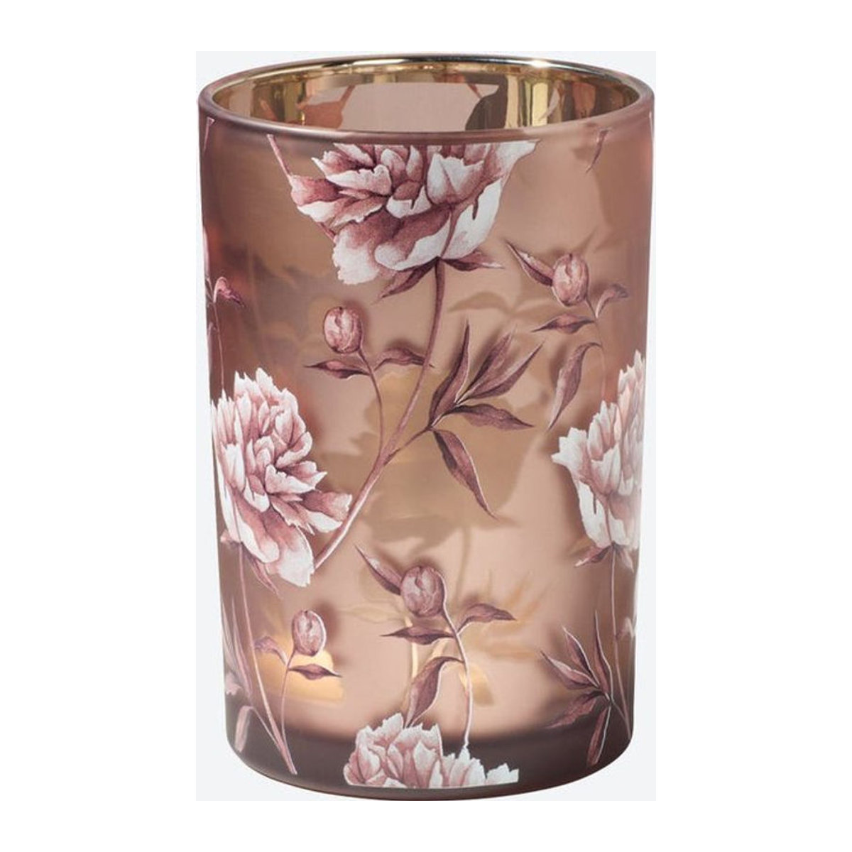NKD Kerzenglas mit floralem Rosendesign aus Glas in Gold, Weiß und Rosa, Höhe: 18 cm, Durchmesser: 12 cm - Bild 1