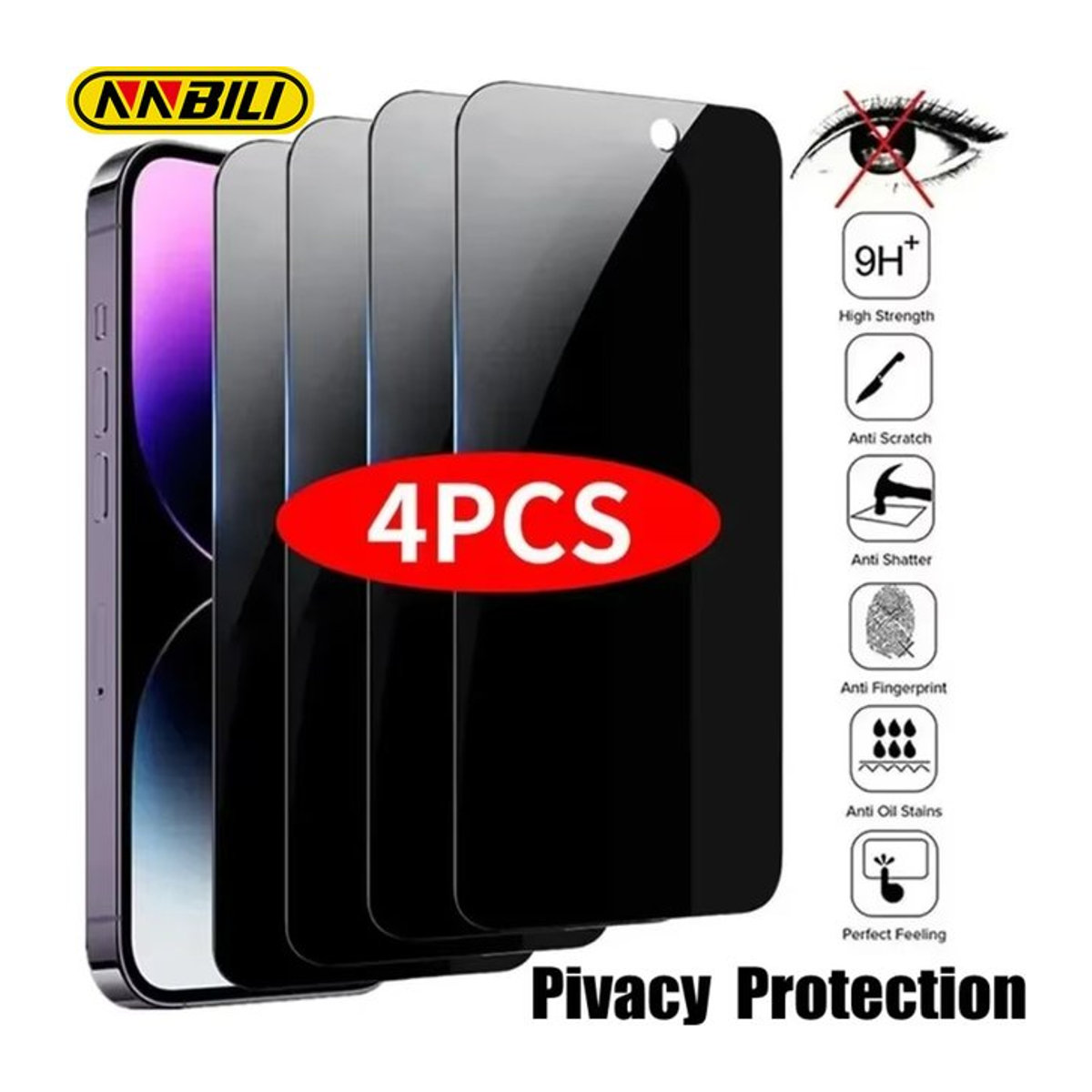 NNBILI 4er Set Privatsphäre Displayschutzfolie Anti-Spion Glas für iPhone 11 12 13 14 15 16 17 Pro Max und iPhone 16e 17Air in Schwarz - Bild 1