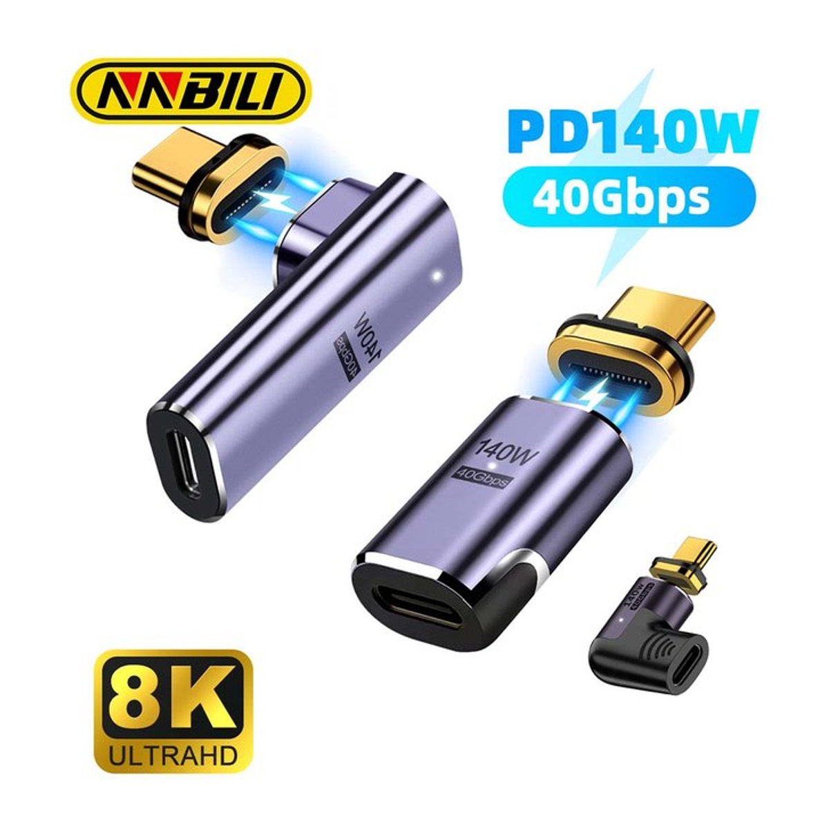 Nnbili Magnetisches USB-C zu USB-C Schnellladekabel 140W Thunderbolt 3 40Gbps 8K @ 60Hz OTG Adapter in Silber und Schwarz - Bild 1