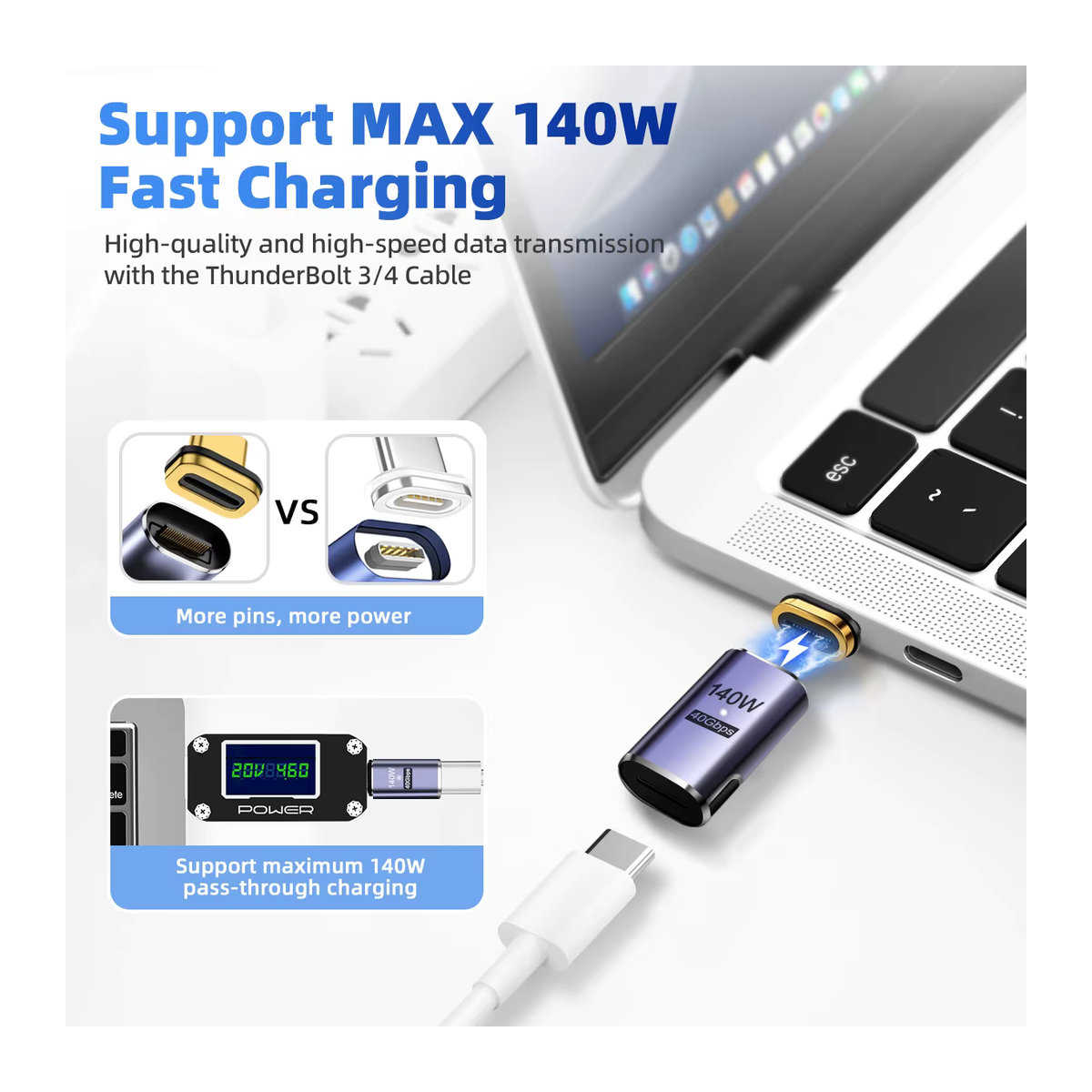 Nnbili Magnetisches USB-C zu USB-C Schnellladekabel 140W Thunderbolt 3 40Gbps 8K @ 60Hz OTG Adapter in Silber und Schwarz - Bild 2