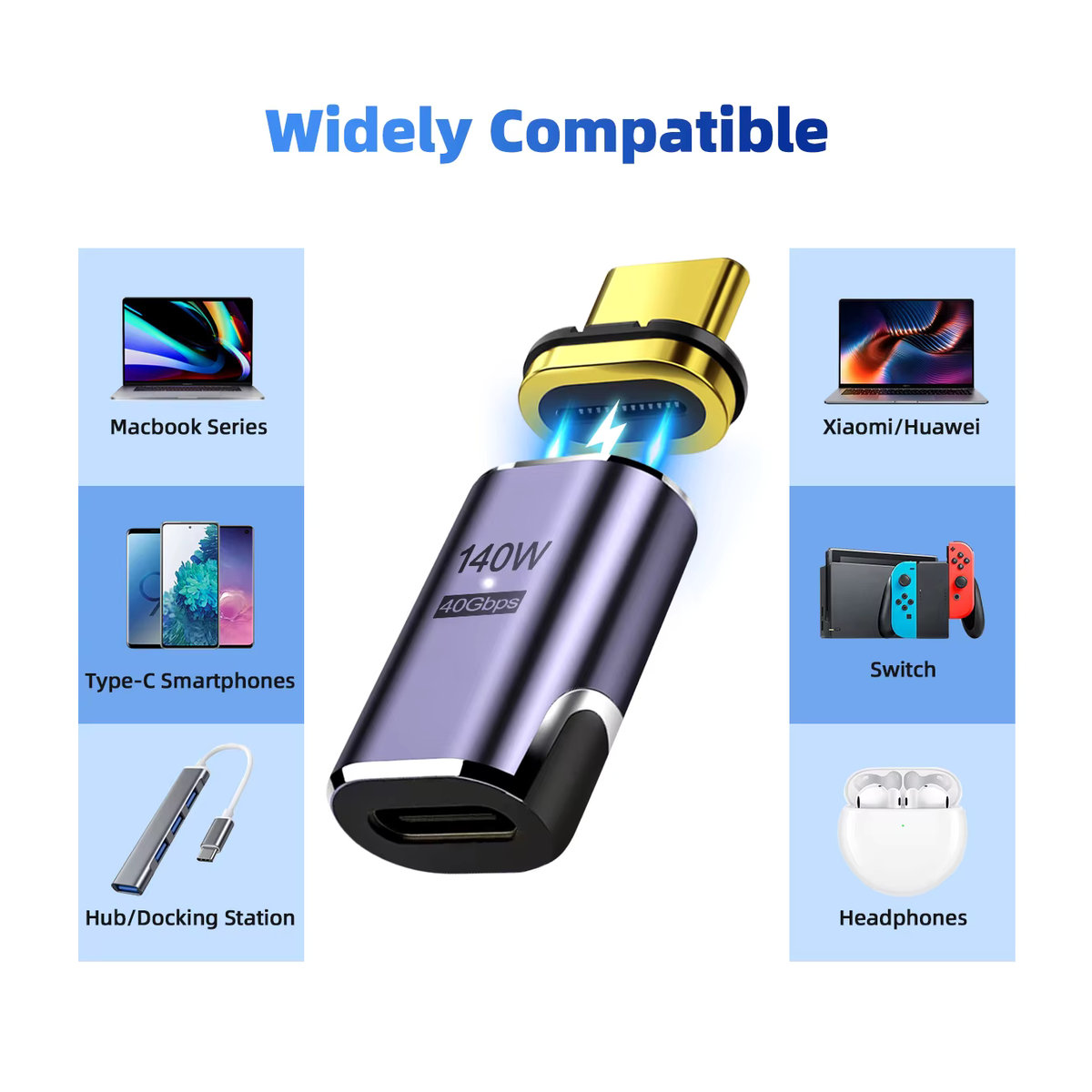 Nnbili Magnetisches USB-C zu USB-C Schnellladekabel 140W Thunderbolt 3 40Gbps 8K @ 60Hz OTG Adapter in Silber und Schwarz - Bild 5