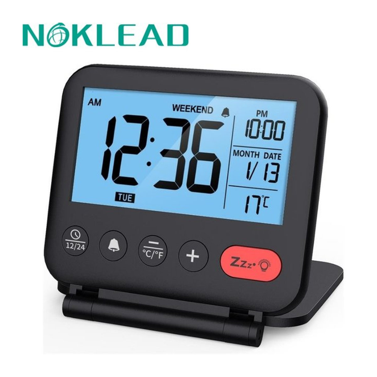 NOKLEAD Digitaler Reisewecker Schwarz mit LCD-Display, Hintergrundbeleuchtung, Datum und Thermometer - Bild 1