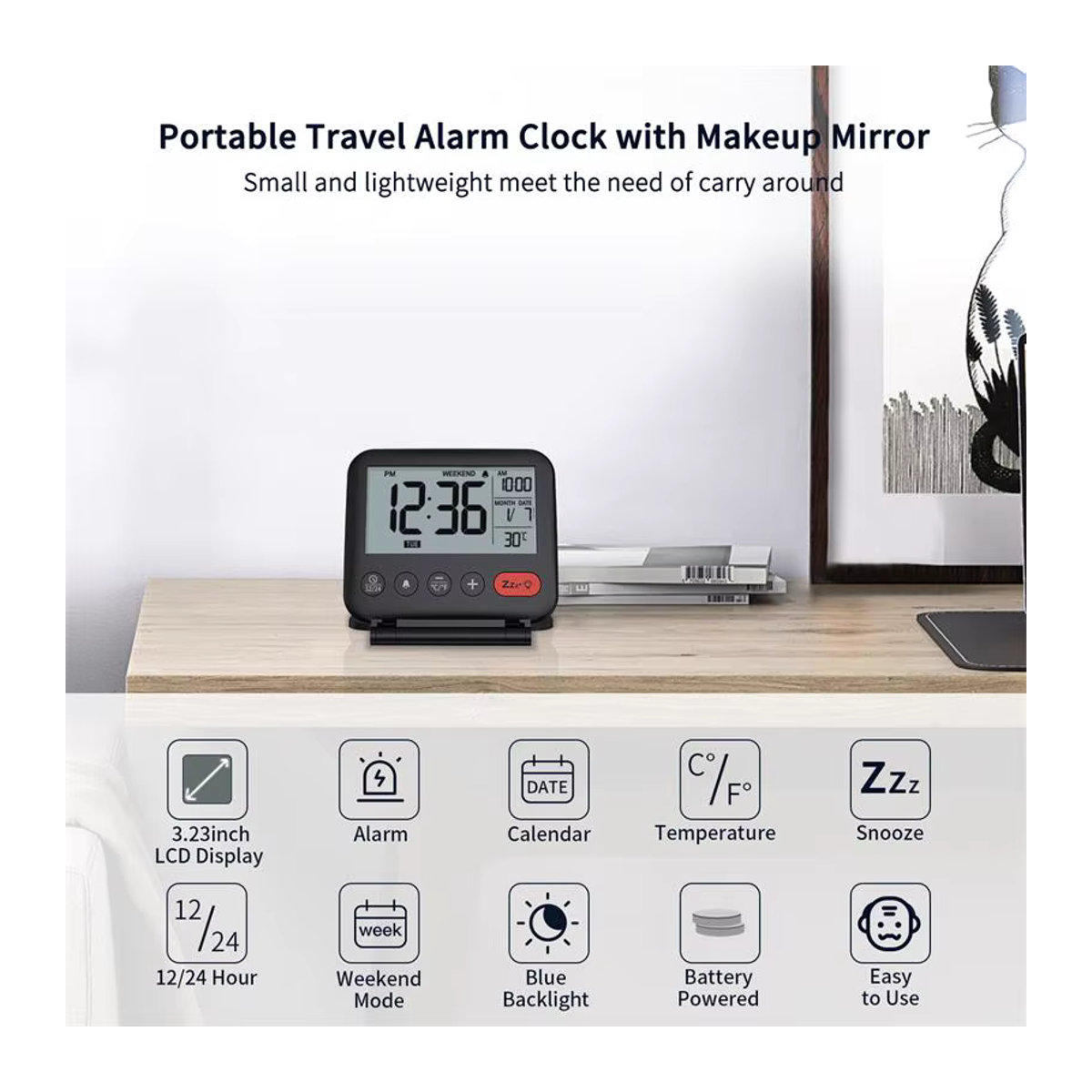 NOKLEAD Digitaler Reisewecker Schwarz mit LCD-Display, Hintergrundbeleuchtung, Datum und Thermometer - Bild 2
