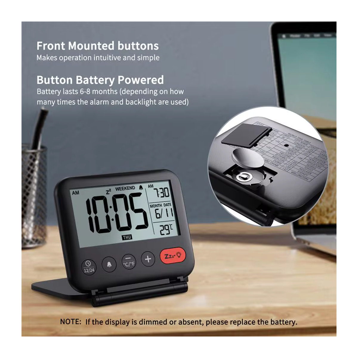 NOKLEAD Digitaler Reisewecker Schwarz mit LCD-Display, Hintergrundbeleuchtung, Datum und Thermometer - Bild 3