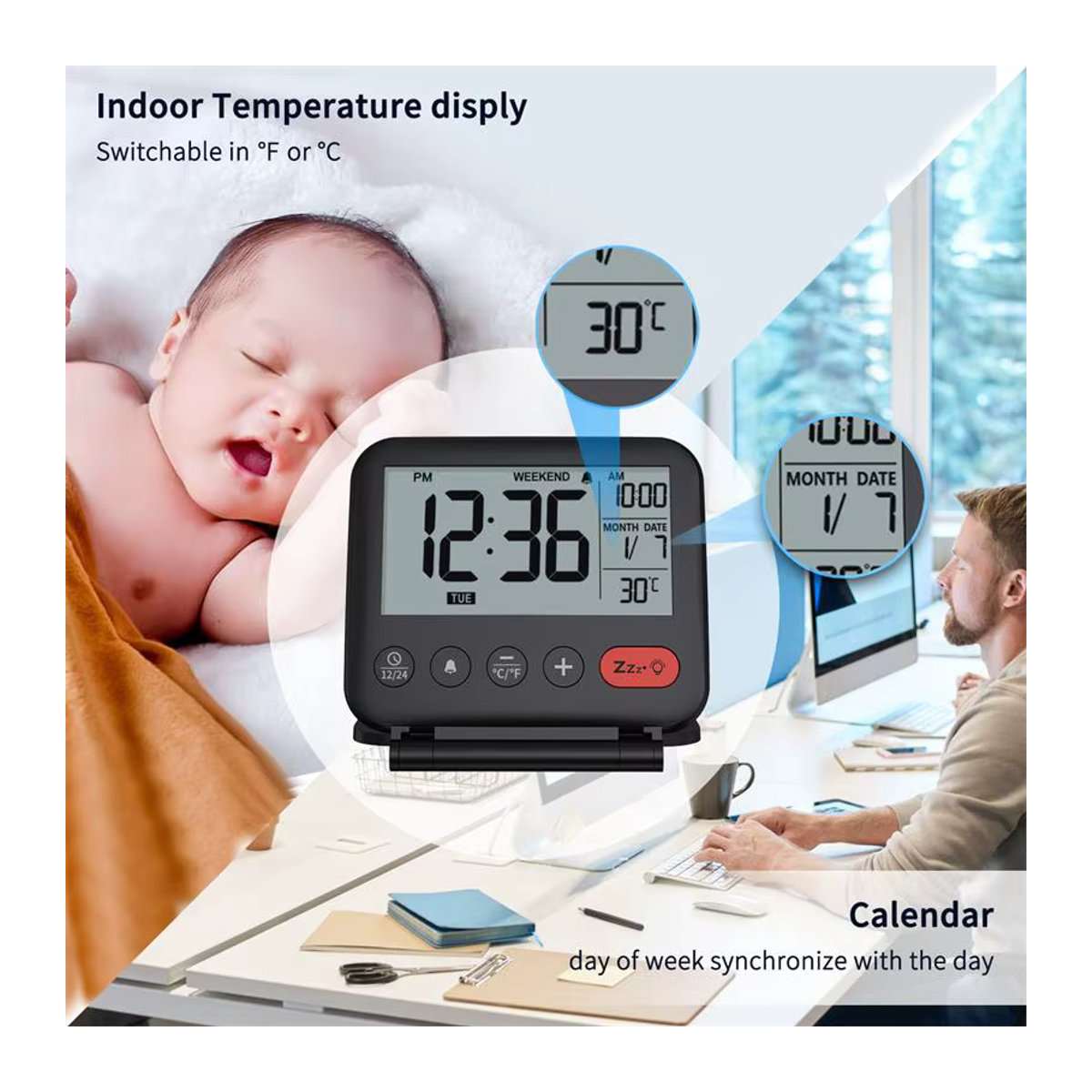 NOKLEAD Digitaler Reisewecker Schwarz mit LCD-Display, Hintergrundbeleuchtung, Datum und Thermometer - Bild 4