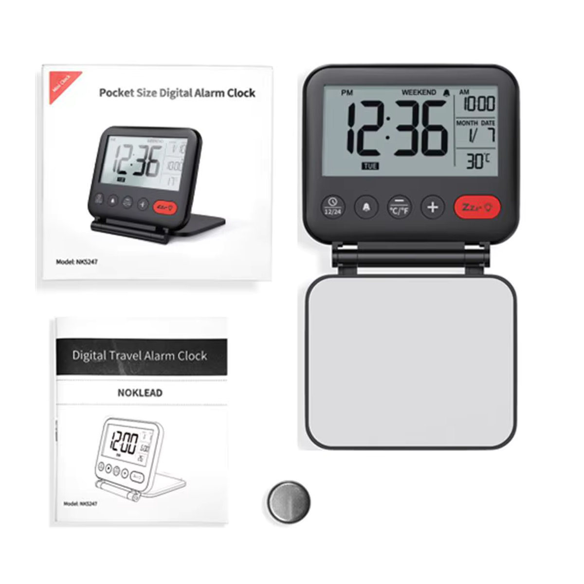 NOKLEAD Digitaler Reisewecker Schwarz mit LCD-Display, Hintergrundbeleuchtung, Datum und Thermometer - Bild 5