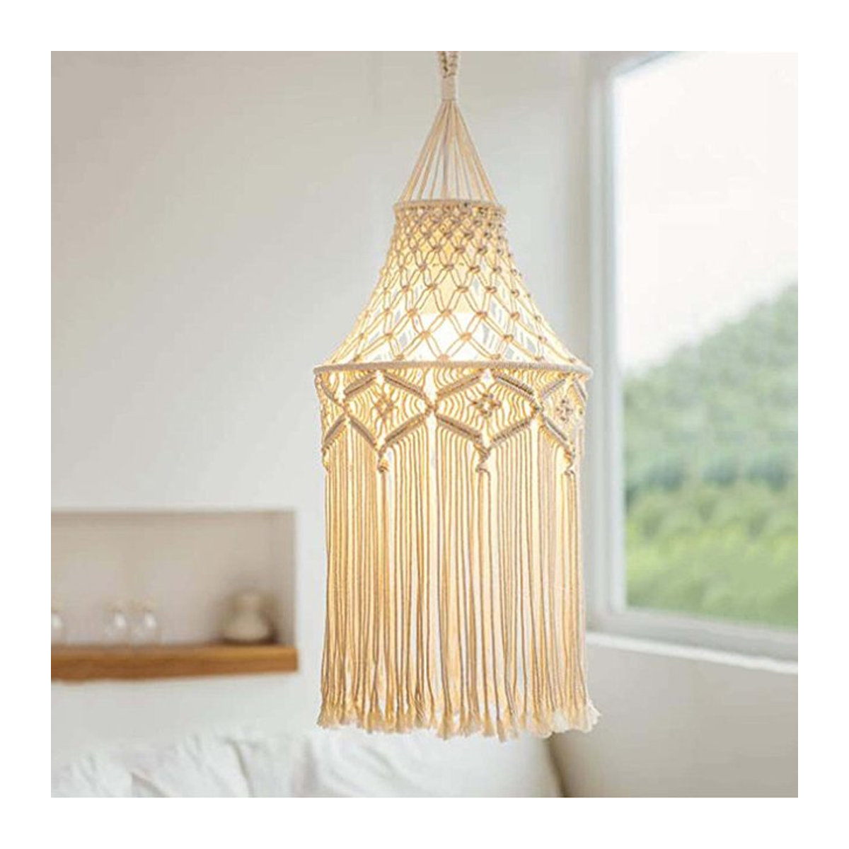 Nordic Makramee Hängelampe aus Baumwolle in Beige im Boho-Skandinavischen Stil - Bild 1