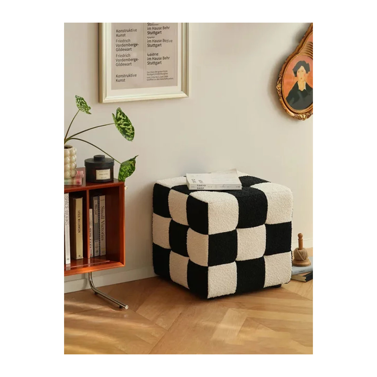 Nordic Polsterhocker im Karo-Design in Schwarz für Wohnzimmer, Schlafzimmer und Make-up-Bereich - Bild 1