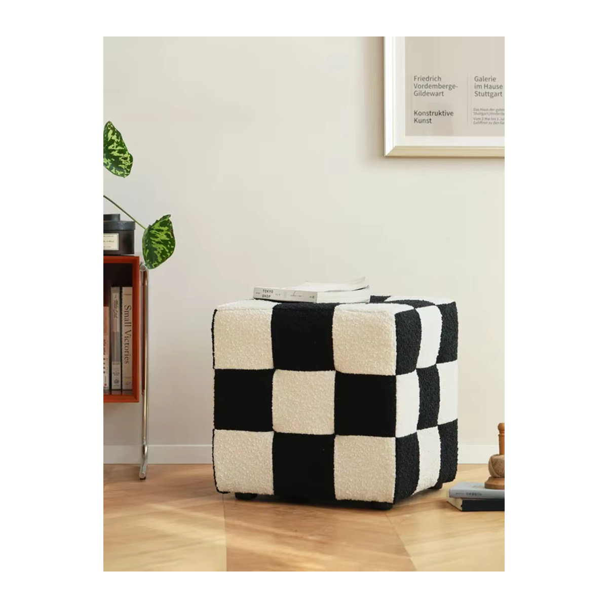 Nordic Polsterhocker im Karo-Design in Schwarz für Wohnzimmer, Schlafzimmer und Make-up-Bereich - Bild 2