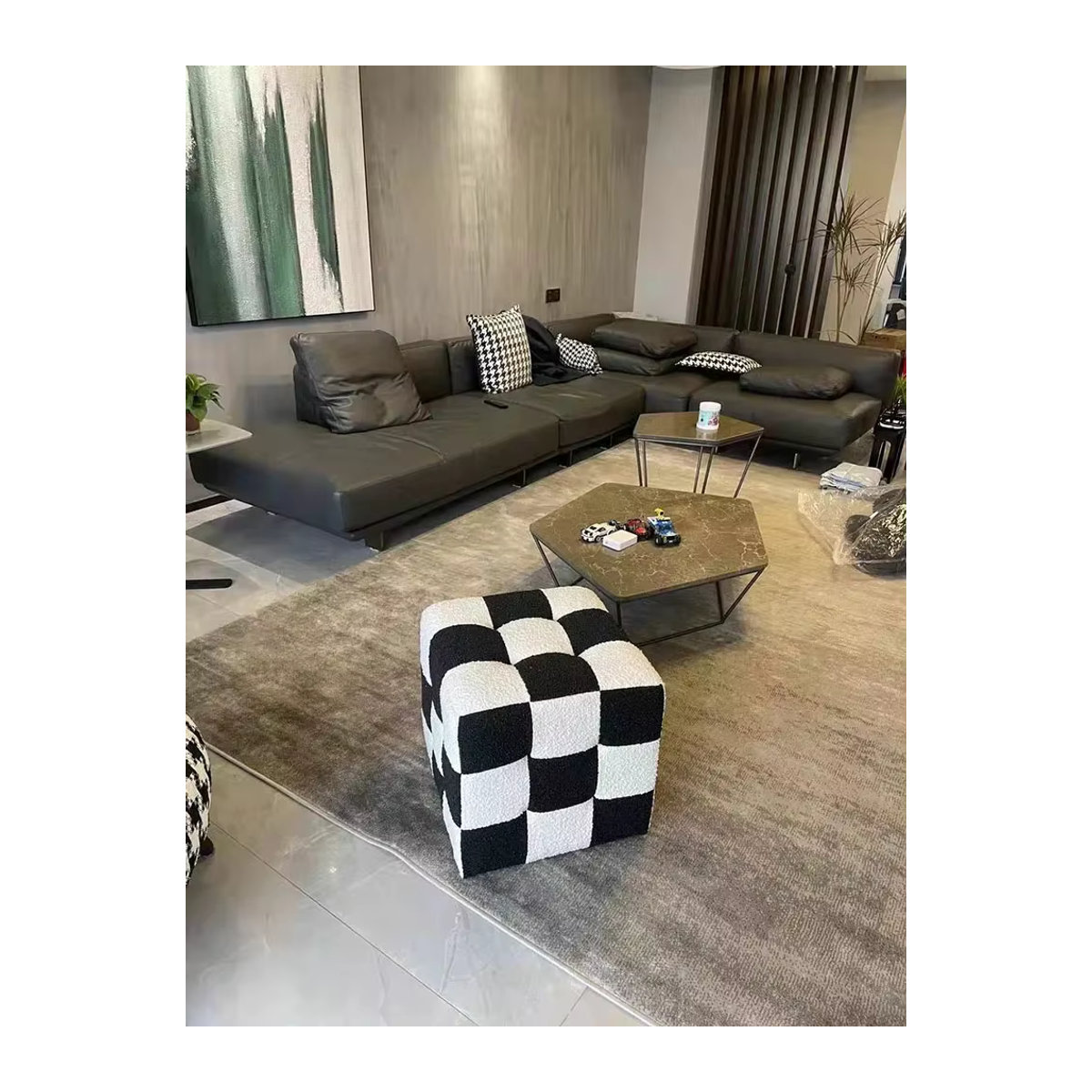 Nordic Polsterhocker im Karo-Design in Schwarz für Wohnzimmer, Schlafzimmer und Make-up-Bereich - Bild 6